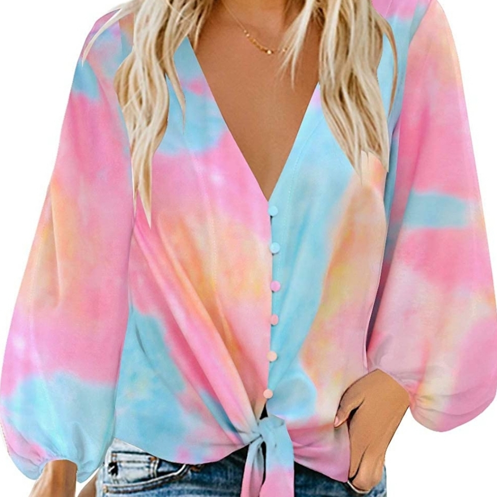 Women's V Neck Button Down Tie Dye Tie Front Blouse